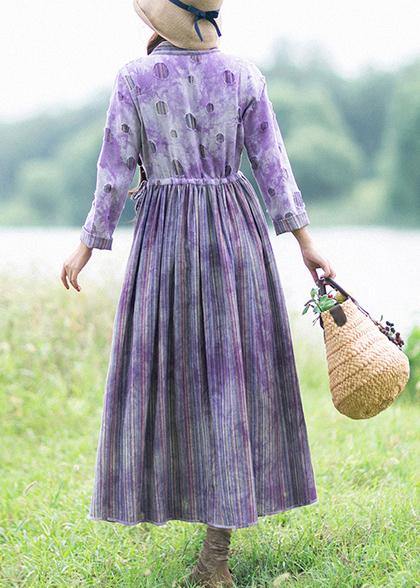 Women Purple Striped Quilting Dresses Patchwork Two Ways To Wear long Spring Dress - Omychic