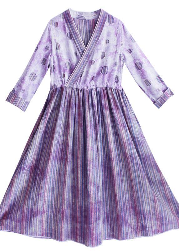 Women Purple Striped Quilting Dresses Patchwork Two Ways To Wear long Spring Dress - Omychic