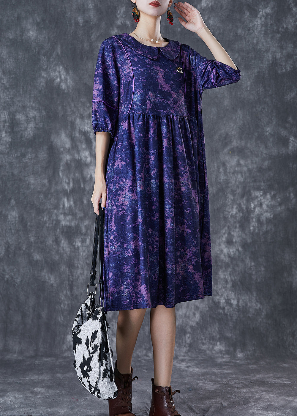 Women Purple Tie Dye Exra Large Hem Cotton Maxi Dresses Half Sleeve