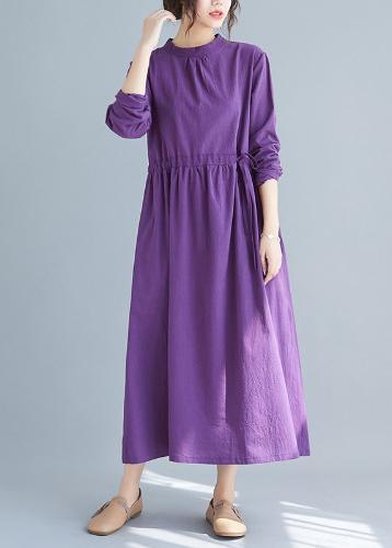 Women Purple Tunics Stand Collar Drawstring Spring Dress - Omychic