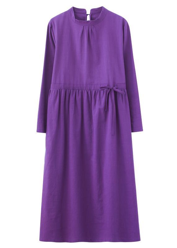Women Purple Tunics Stand Collar Drawstring Spring Dress - Omychic