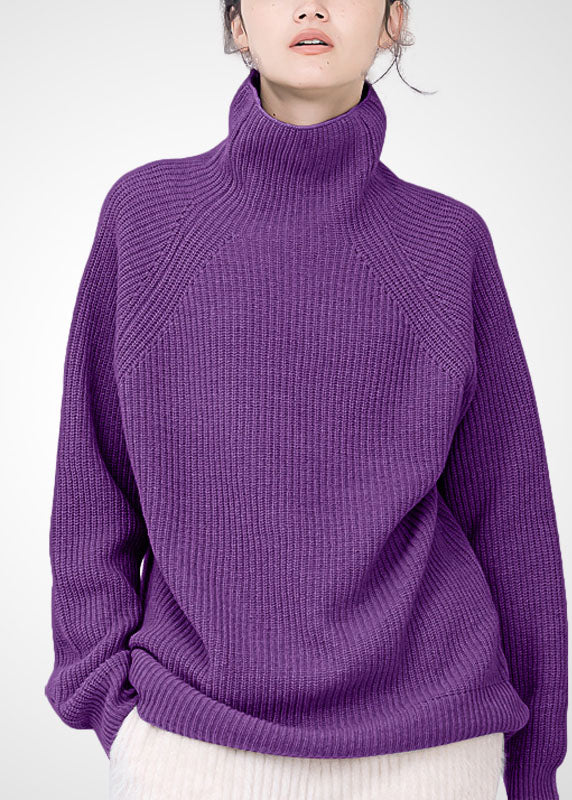Women Purple Turtle Neck Cozy Wool Sweater Tops Winter