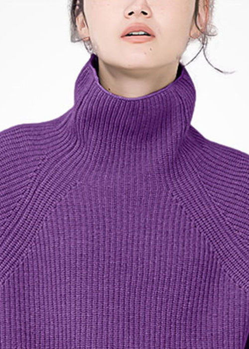 Women Purple Turtle Neck Cozy Wool Sweater Tops Winter