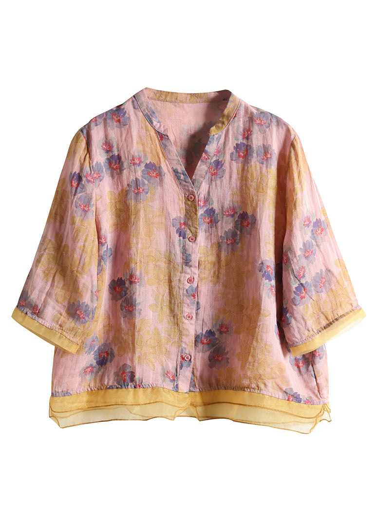 Women Purple V Neck Button Patchwork Linen Shirt Tops Summer