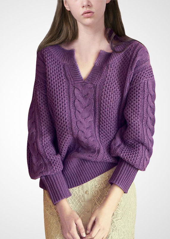 Women Purple V Neck Thick Wool Cable Knitted Tops Winter