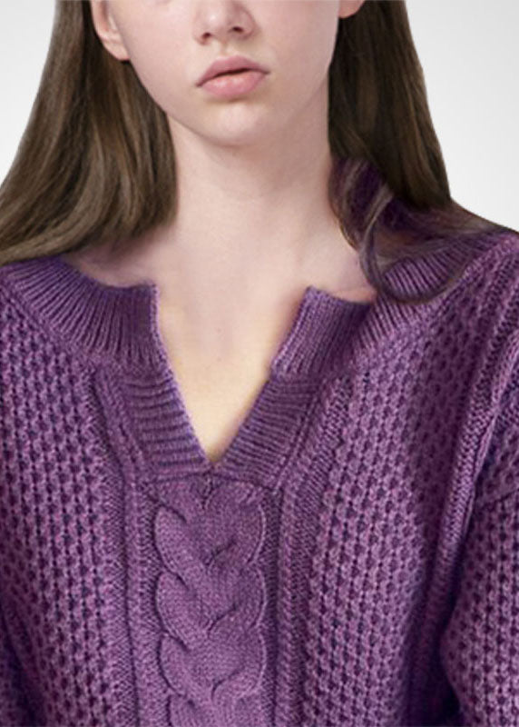 Women Purple V Neck Thick Wool Cable Knitted Tops Winter