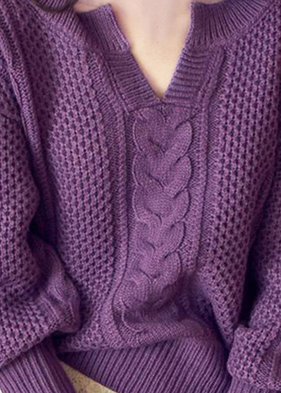 Women Purple V Neck Thick Wool Cable Knitted Tops Winter