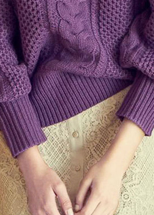 Women Purple V Neck Thick Wool Cable Knitted Tops Winter