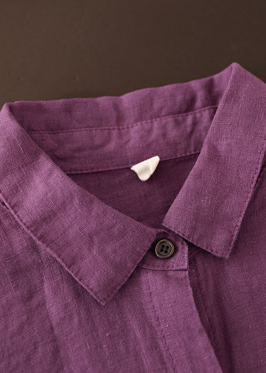 Women Purple button Peter Pan Collar Linen Shirt top Long Sleeve