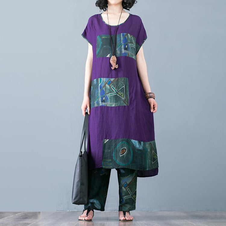 Women Purple linen clothes For Cotton Linen Spliced Blouse And Harem Pants - Omychic