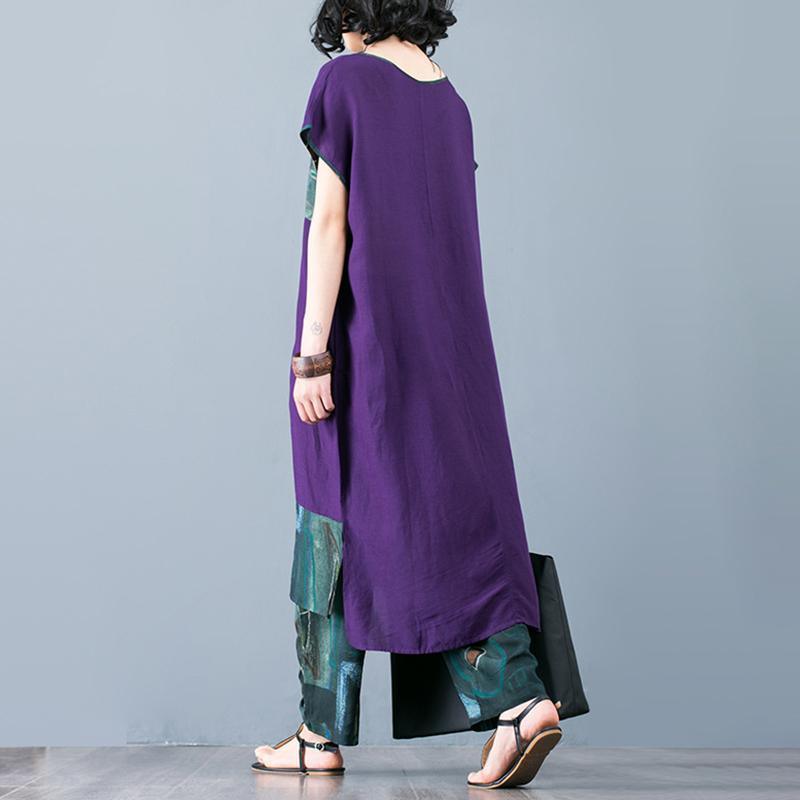 Women Purple linen clothes For Cotton Linen Spliced Blouse And Harem Pants - Omychic