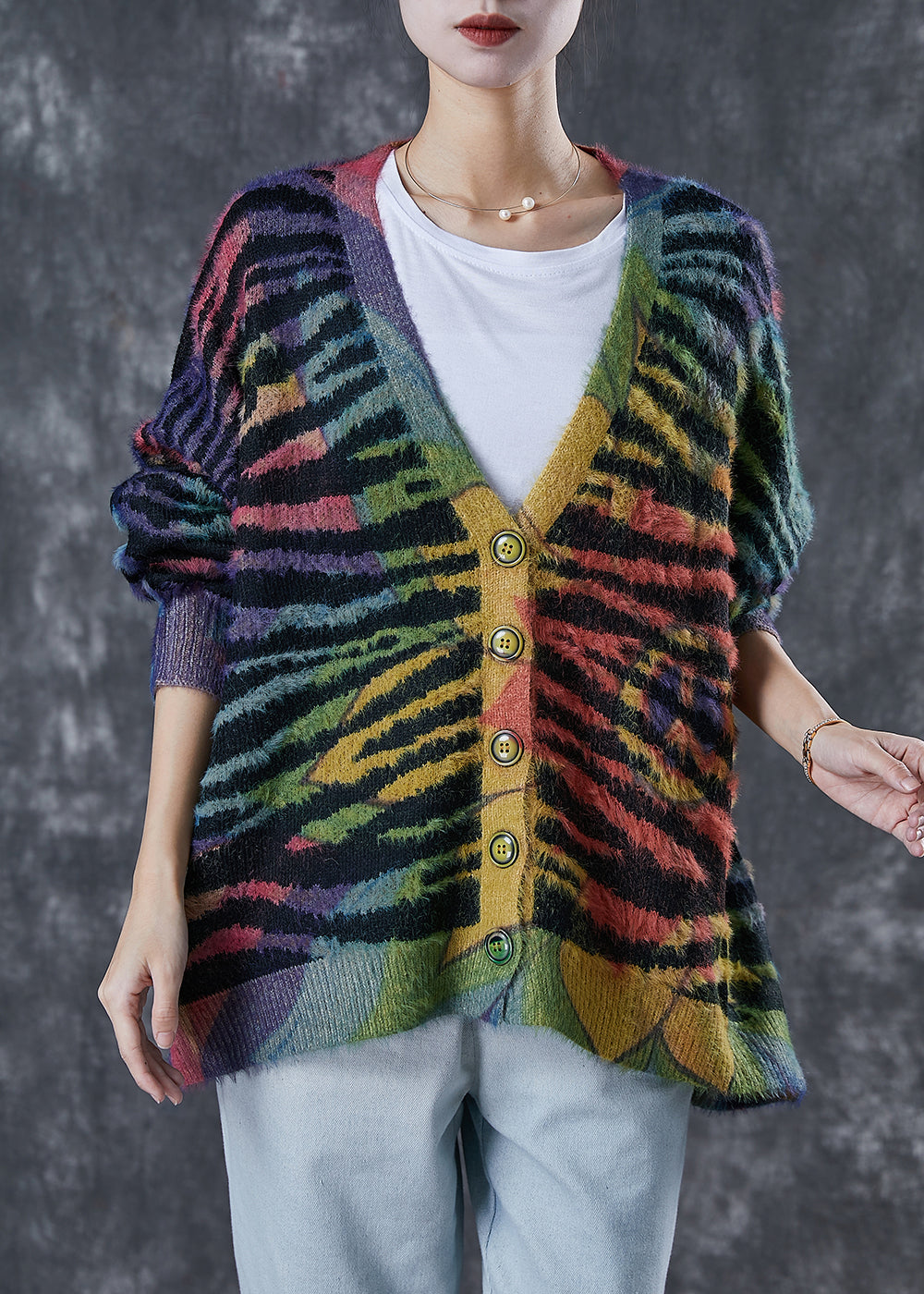 Women Rainbow Oversized Striped Knit Cardigan Winter