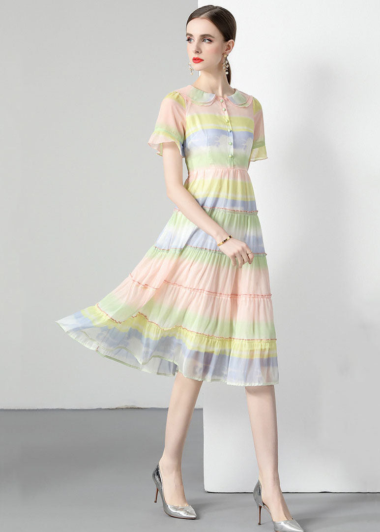 Women Rainbow Ruffled Button Patchwork Chiffon Dresses Summer