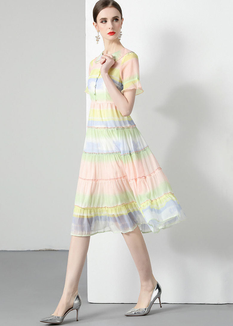 Women Rainbow Ruffled Button Patchwork Chiffon Dresses Summer