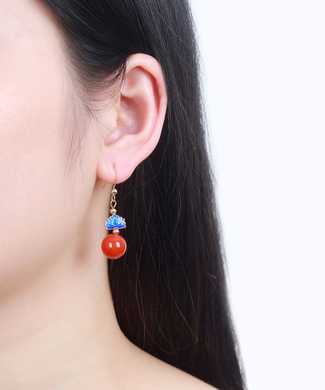 Women Red 14K Gold AgateCloisonne Drop Earrings