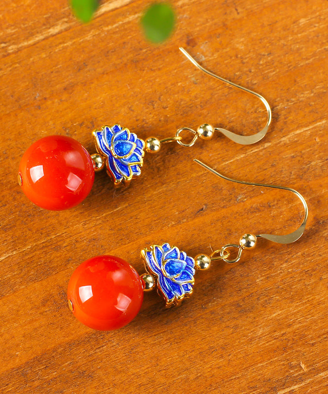 Women Red 14K Gold AgateCloisonne Drop Earrings