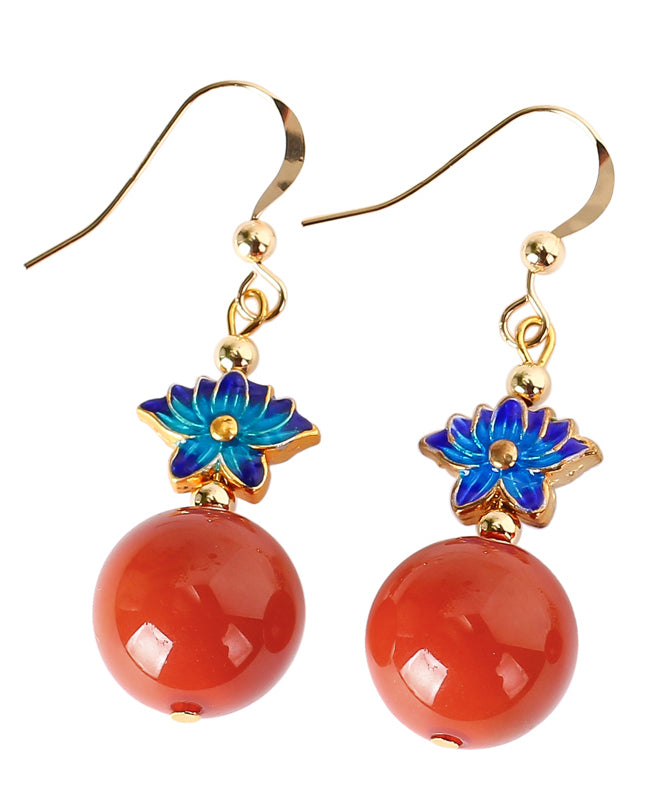 Women Red 14K Gold AgateCloisonne Drop Earrings