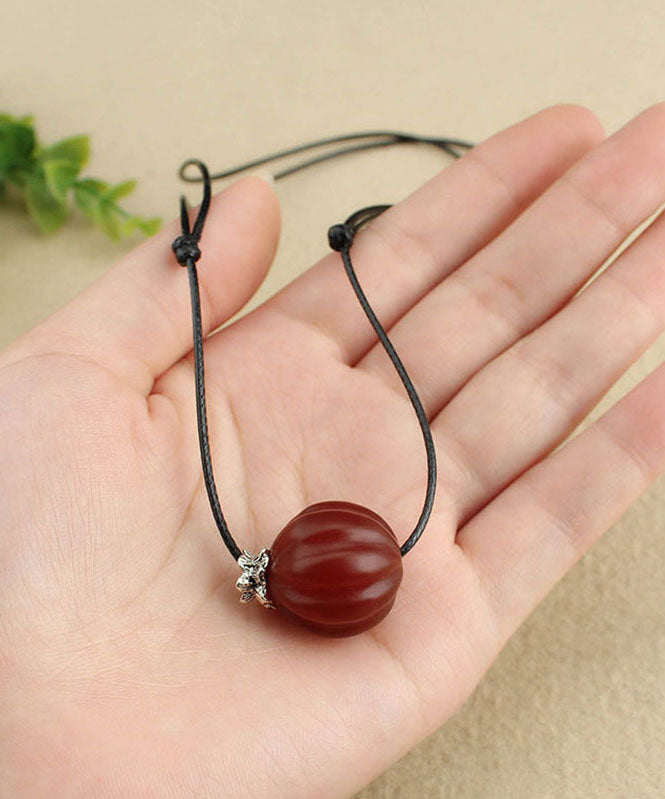 Women Red Agate Pumpkin Shaped Frosted Pendant Necklace