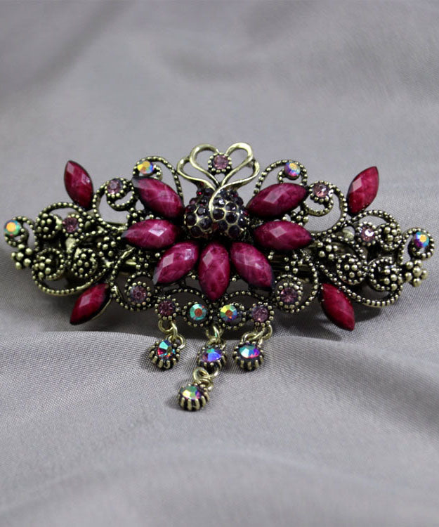 Women Red Alloy Inlaid Gem Stone Butterfly Zircon Hairpin