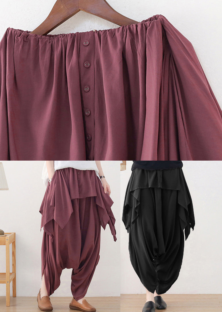 Women Red Asymmetrical Button Cotton Wide Leg Pants Skirt Fall