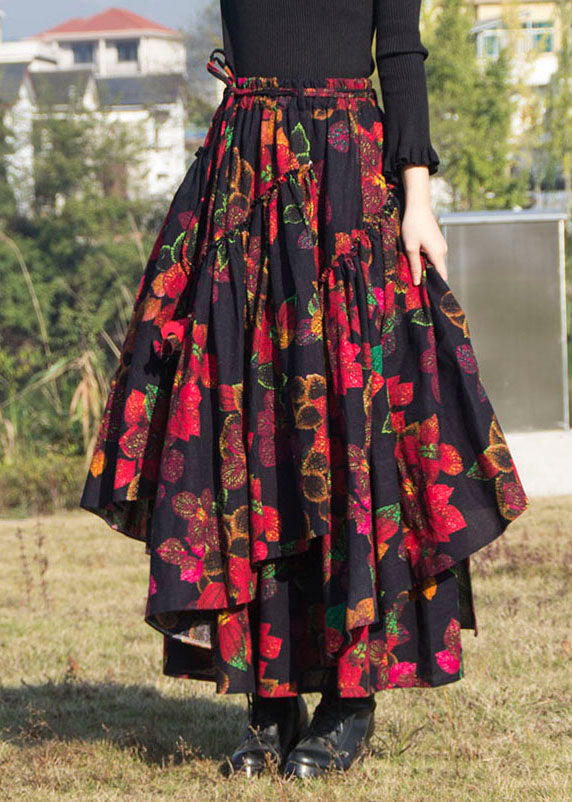 Women Red Asymmetrical Print Tie Waist Pleated Skirts