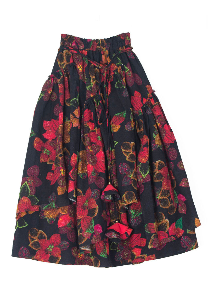 Women Red Asymmetrical Print Tie Waist Pleated Skirts
