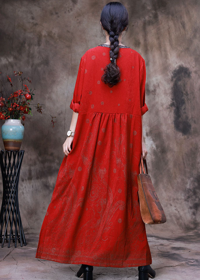 Women Red Asymmetrical Print Velour Robe Dresses Spring