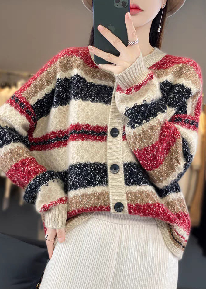 Women Red Button Patchwork Cashmere Coats Long Sleeve