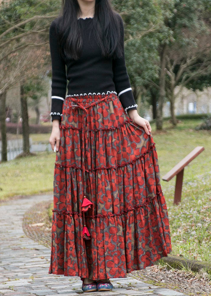 Women Red Cinched Print Patchwork Cotton Maxi Skirts Summer