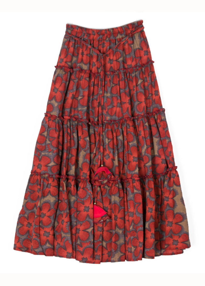 Women Red Cinched Print Patchwork Cotton Maxi Skirts Summer