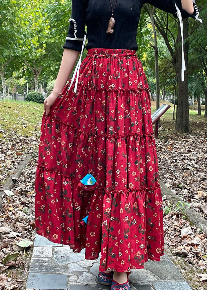 Women Red Cinched Print Patchwork Exra Large Hem Cotton Skirts Fall