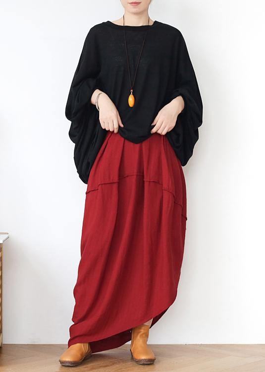 Women Red Elastic Waist Linen Skirt - Omychic