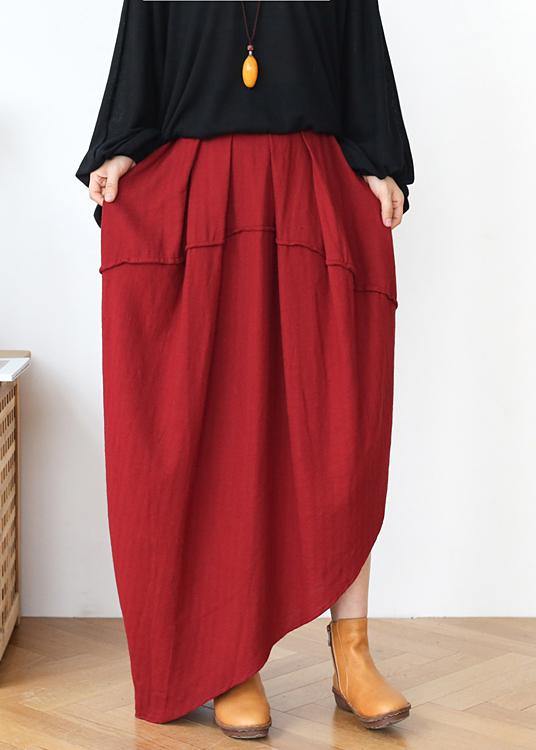 Women Red Elastic Waist Linen Skirt - Omychic