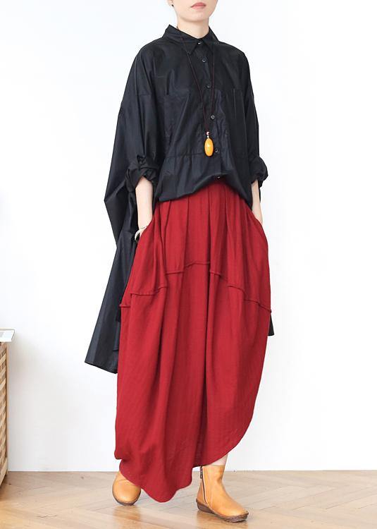 Women Red Elastic Waist Linen Skirt - Omychic