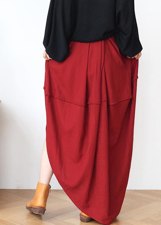 Women Red Elastic Waist Linen Skirt - Omychic