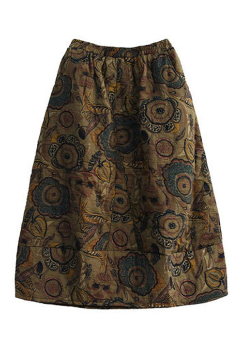 Women Grey-floral Elastic Waist Patchwork Print Fine Cotton Filled Skirt Winter