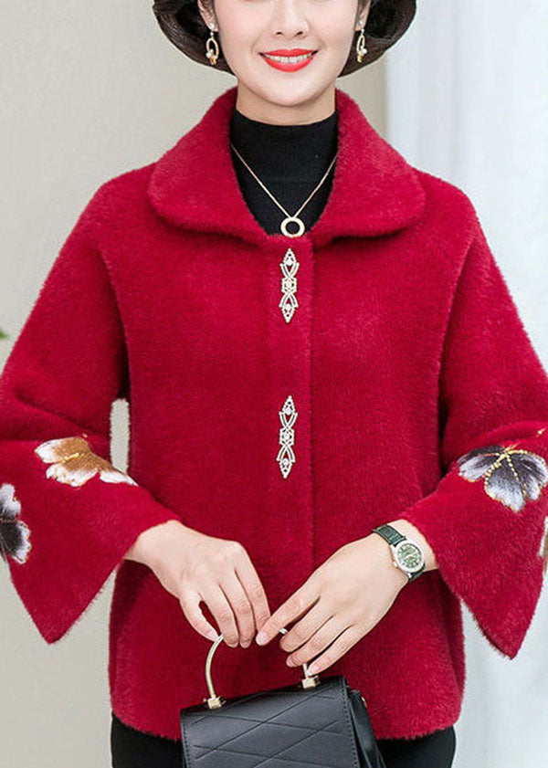 Women Red Embroideried Floral Thick Mink Hair Knitted Coats Winter
