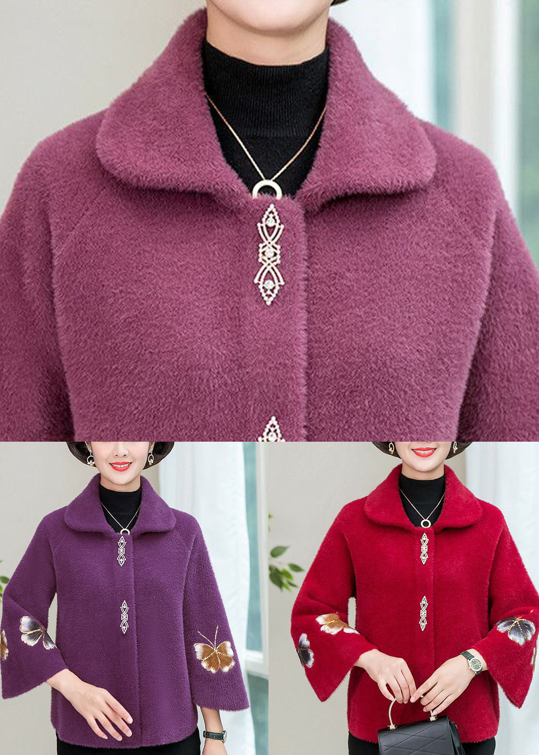 Women Red Embroideried Floral Thick Mink Hair Knitted Coats Winter