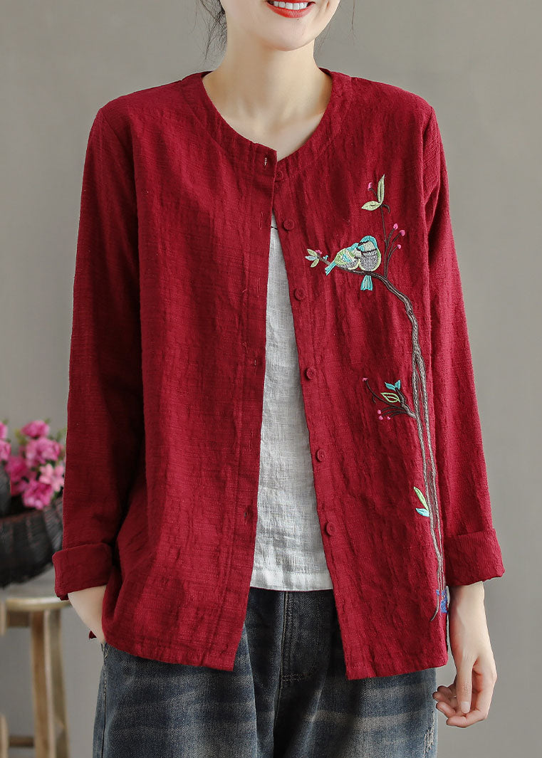 Women Red Embroideried Patchwork Cotton Cardigans Coats Spring