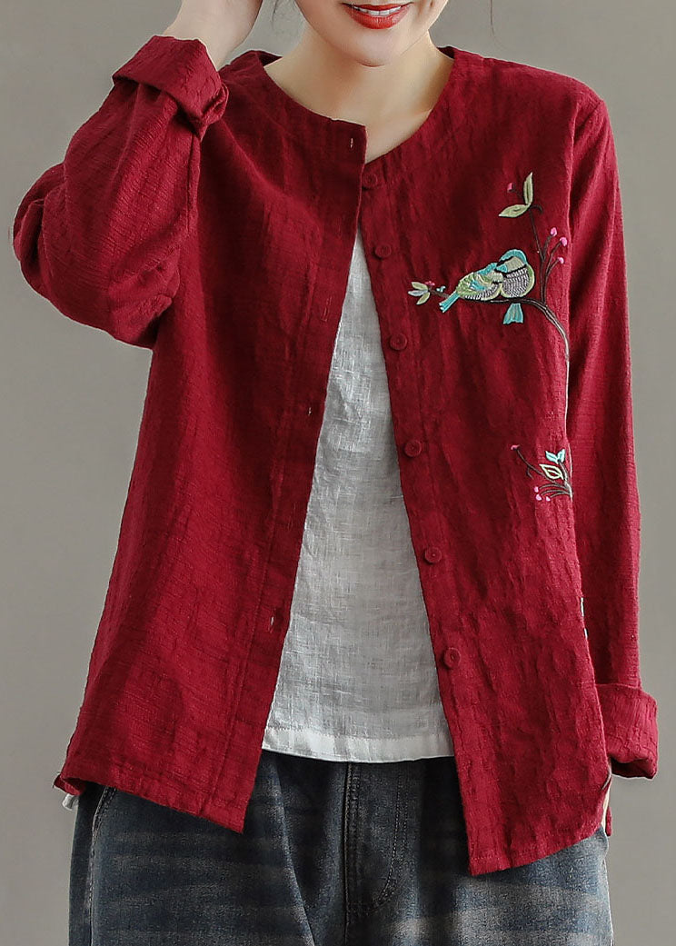Women Red Embroideried Patchwork Cotton Cardigans Coats Spring