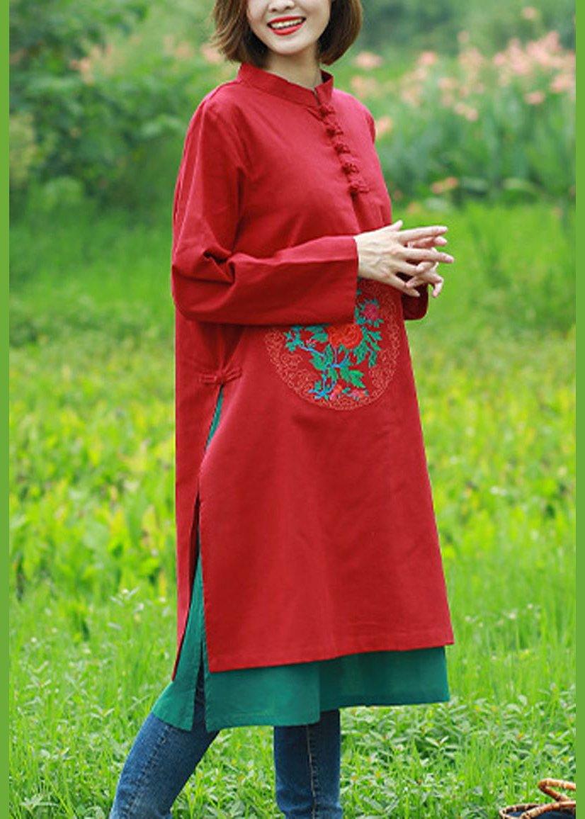 Women Red Embroidery Quilting Clothes Stand Collar Long Spring Dress - Omychic