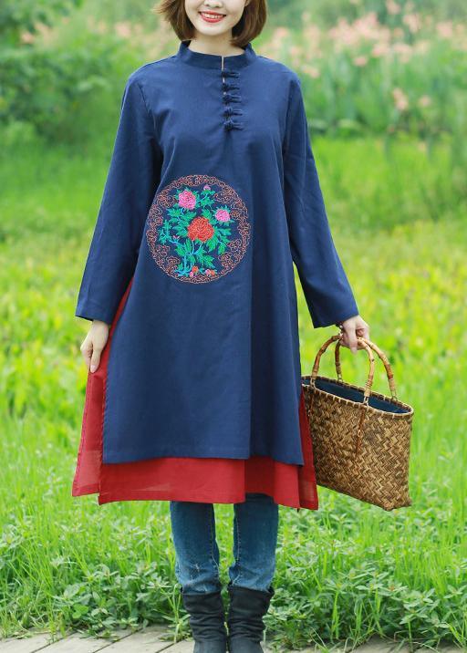 Women Red Embroidery Quilting Clothes Stand Collar Long Spring Dress - Omychic