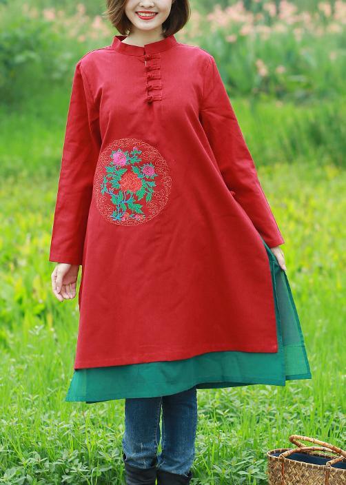 Women Red Embroidery Quilting Clothes Stand Collar Long Spring Dress - Omychic