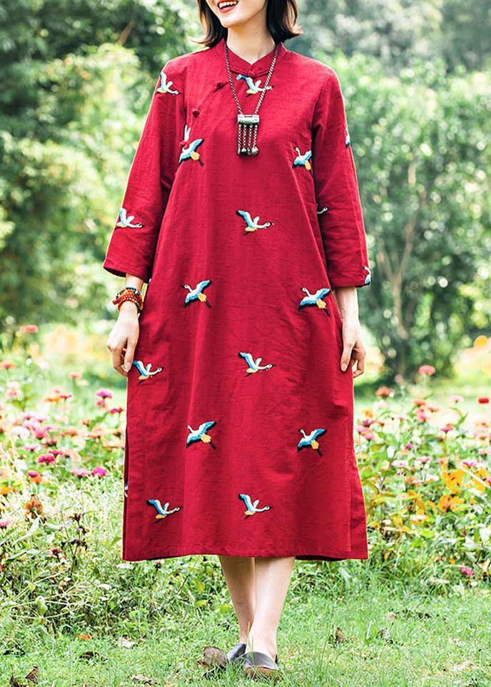 Women Red Embroidery Tunics Stand Collar Long Spring Dresses - Omychic