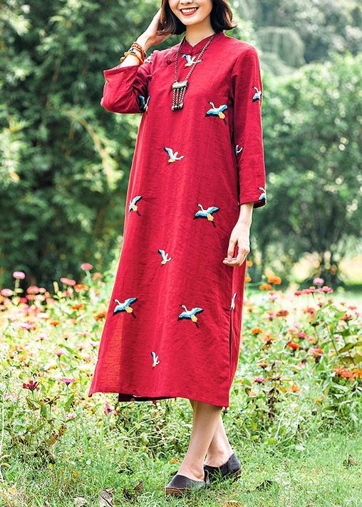 Women Red Embroidery Tunics Stand Collar Long Spring Dresses - Omychic