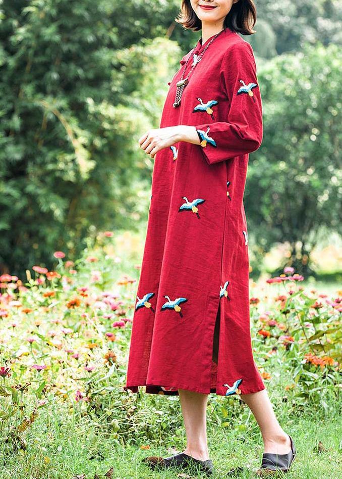 Women Red Embroidery Tunics Stand Collar Long Spring Dresses - Omychic