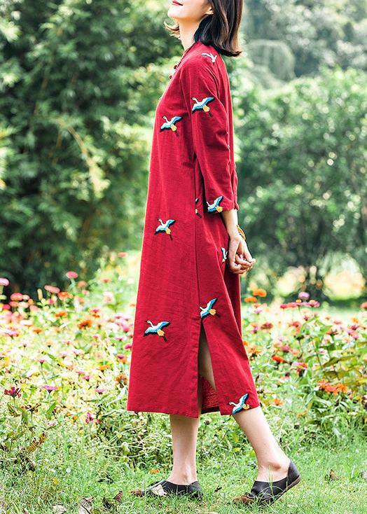 Women Red Embroidery Tunics Stand Collar Long Spring Dresses - Omychic