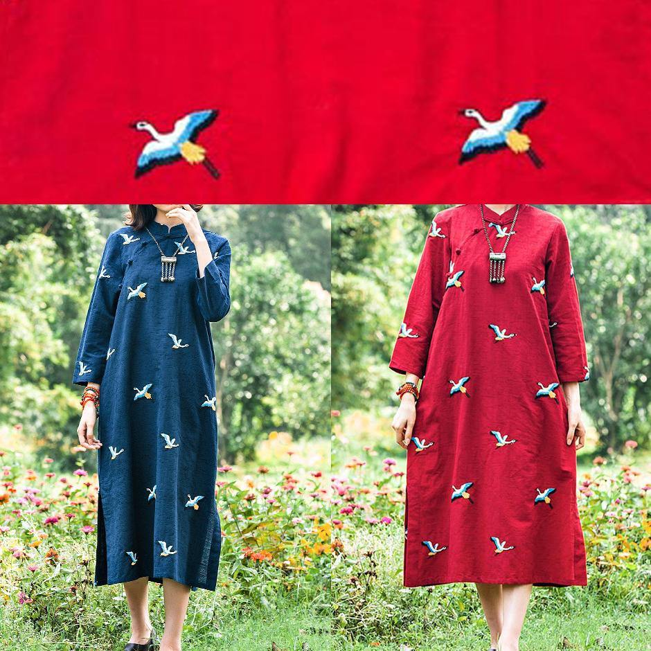 Women Red Embroidery Tunics Stand Collar Long Spring Dresses - Omychic