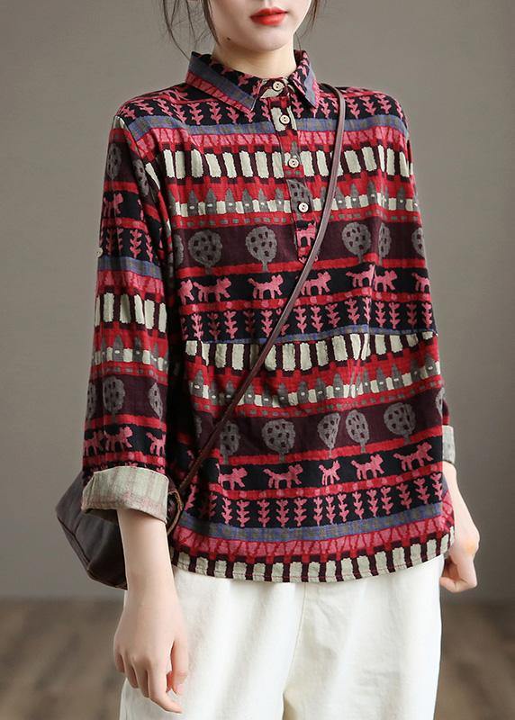 Women Red Ethnic Style Top Silhouette Lapel Loose Spring Shirt - Omychic