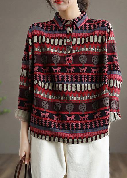 Women Red Ethnic Style Top Silhouette Lapel Loose Spring Shirt - Omychic